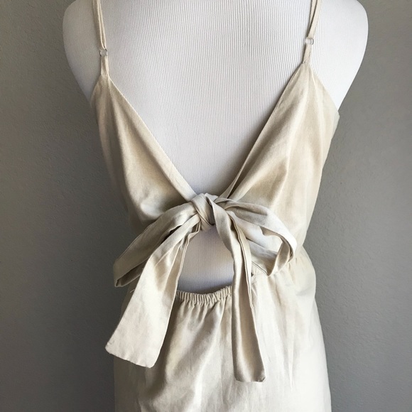 LOWEST PRICE Beige Button Up Tie Back Linen Dress - Picture 3 of 6